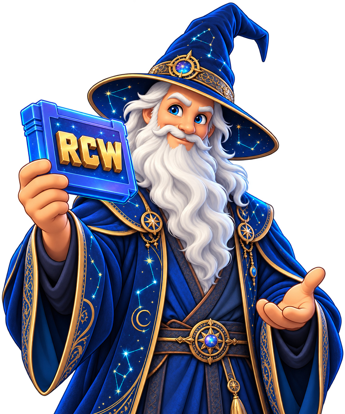 A friendly cartoon wizard with a starry pointed hat holding a large cartridge with a raised RCW logo